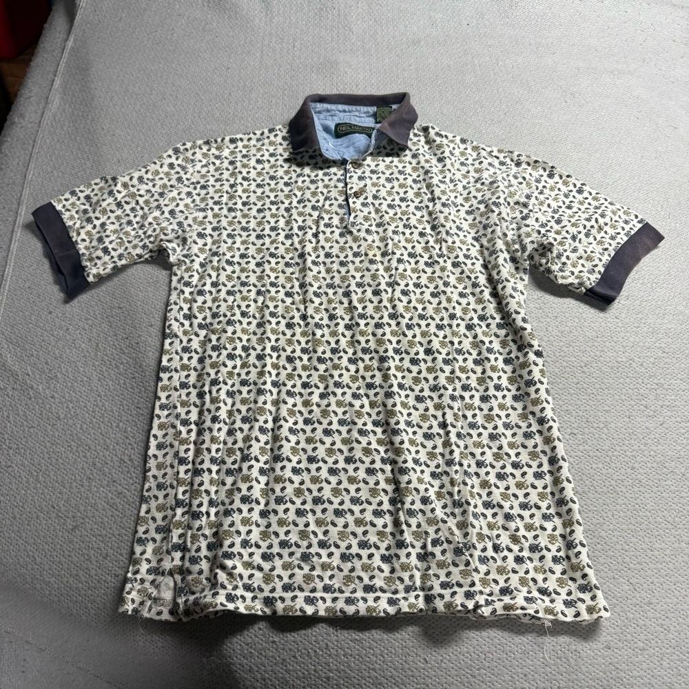 Vintage men’s Neil Martin Beige Navy Blue Floral Print 100% Cotton Polo Shirt S